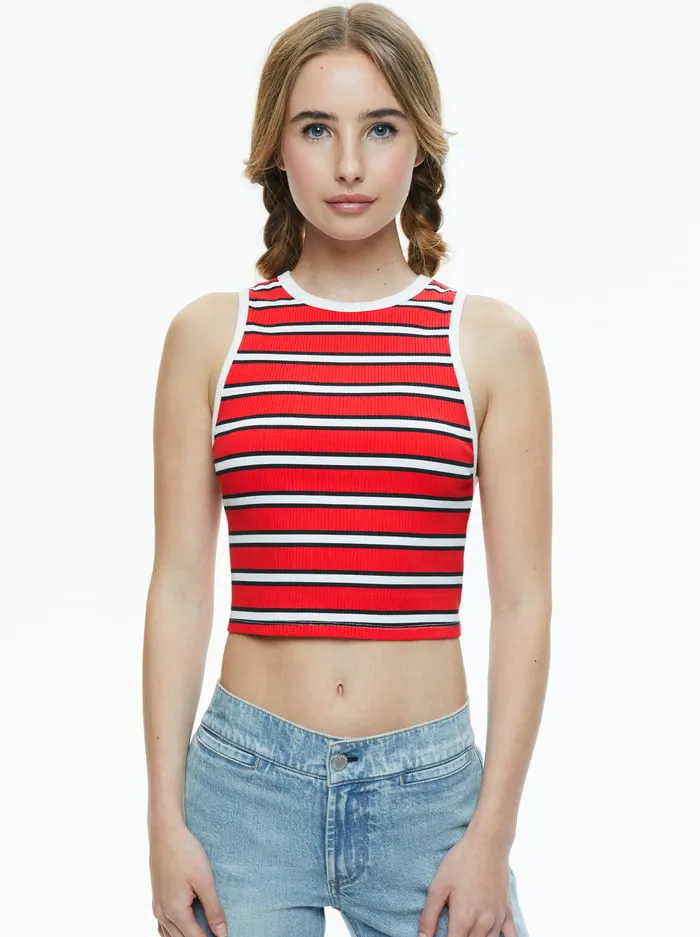 Tops Women Alice Olivia Andre Fitted Cropped Tank Teakwood Stripe Bright Ruby