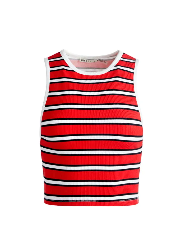 Tops Women Alice Olivia Andre Fitted Cropped Tank Teakwood Stripe Bright Ruby