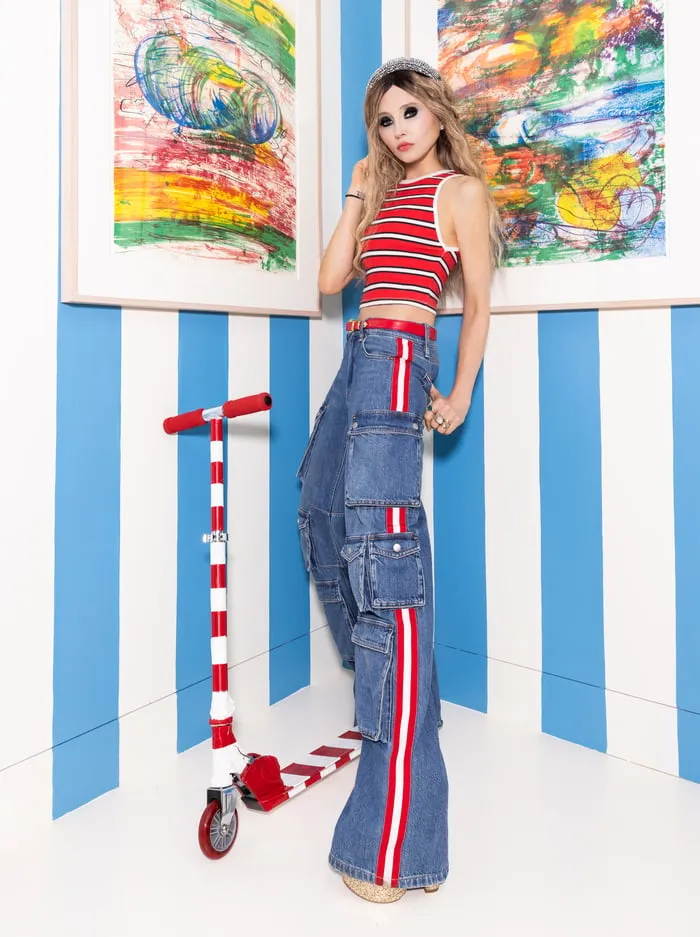 Tops Women Alice Olivia Andre Fitted Cropped Tank Teakwood Stripe Bright Ruby