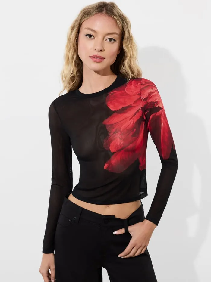 Tops Women Alice Olivia Delaina Mesh Top Peony Petals Bright Ruby