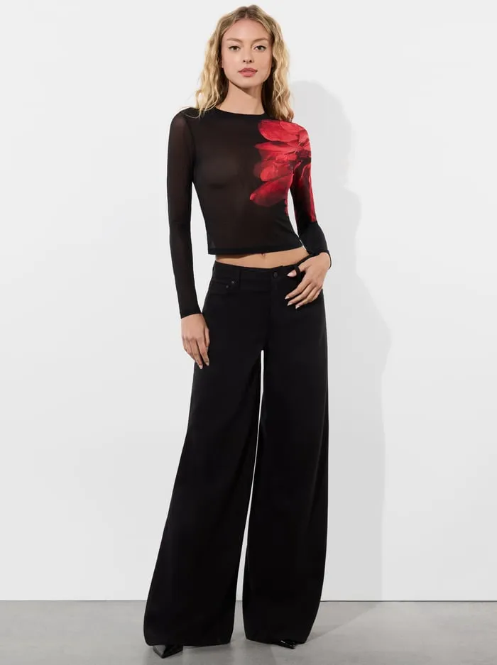 Tops Women Alice Olivia Delaina Mesh Top Peony Petals Bright Ruby