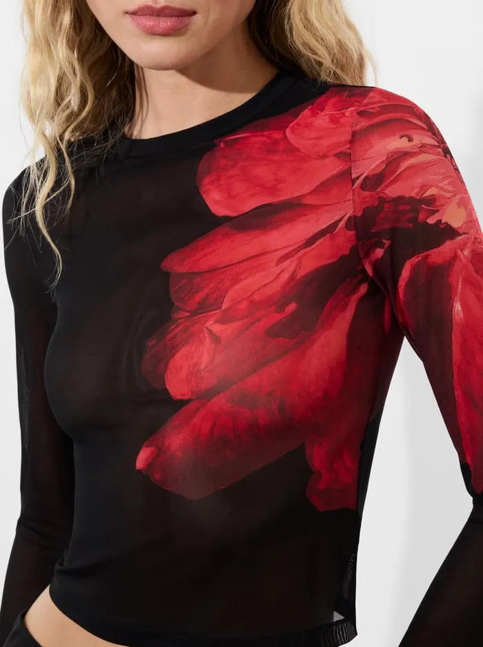 Tops Women Alice Olivia Delaina Mesh Top Peony Petals Bright Ruby