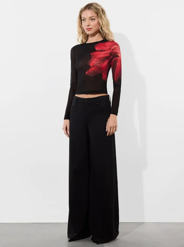 Tops Women Alice Olivia Delaina Mesh Top Peony Petals Bright Ruby