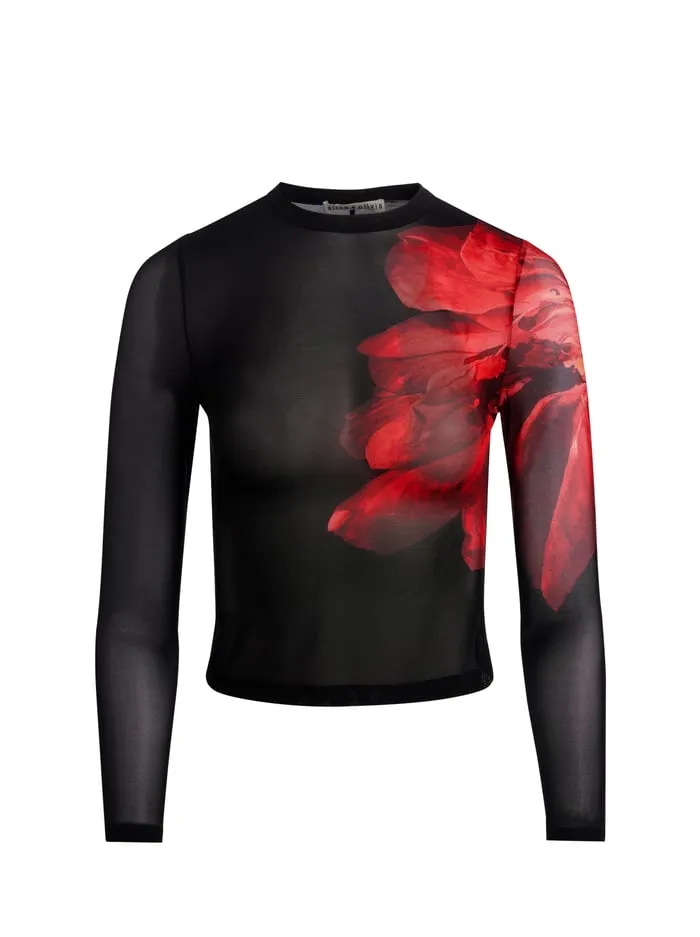 Tops Women Alice Olivia Delaina Mesh Top Peony Petals Bright Ruby