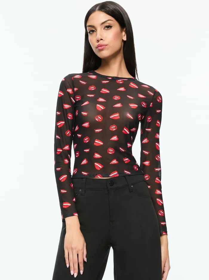 Tops Women Alice Olivia Tom Wesselmann Delaina Mesh Long Sleeve Top Lip Sync Black
