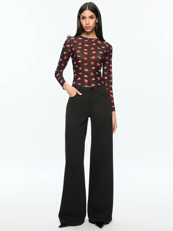 Tops Women Alice Olivia Tom Wesselmann Delaina Mesh Long Sleeve Top Lip Sync Black