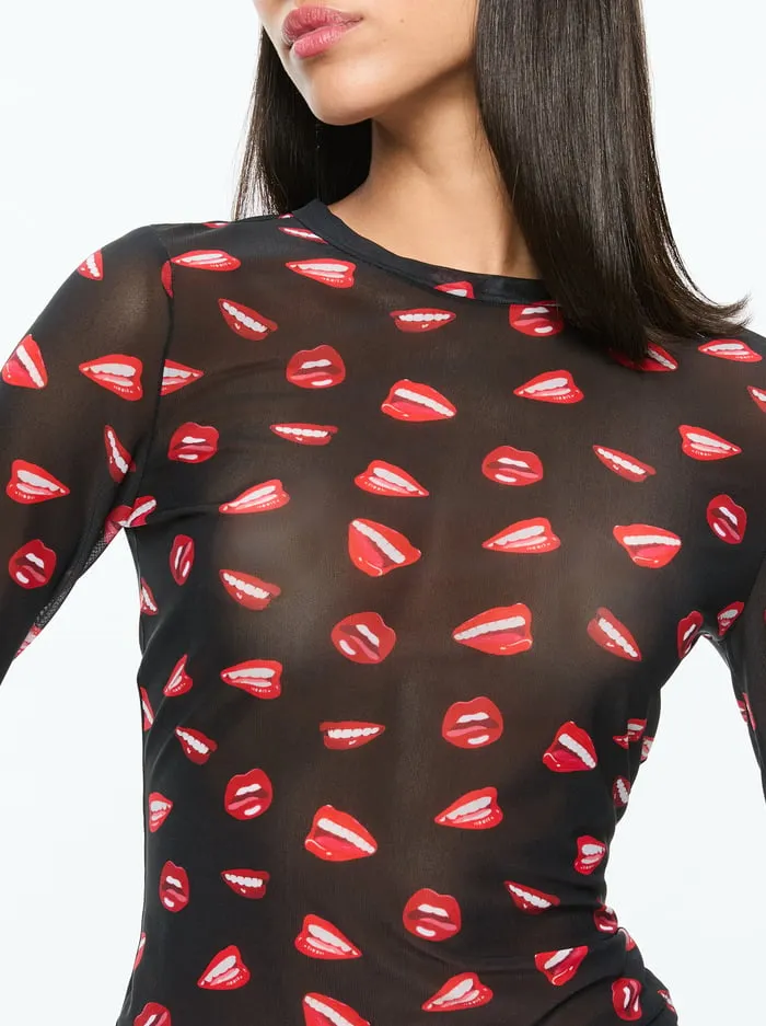 Tops Women Alice Olivia Tom Wesselmann Delaina Mesh Long Sleeve Top Lip Sync Black
