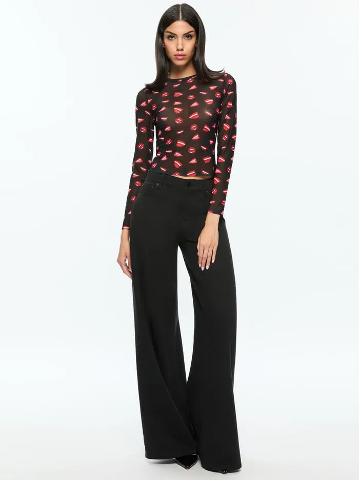 Tops Women Alice Olivia Tom Wesselmann Delaina Mesh Long Sleeve Top Lip Sync Black