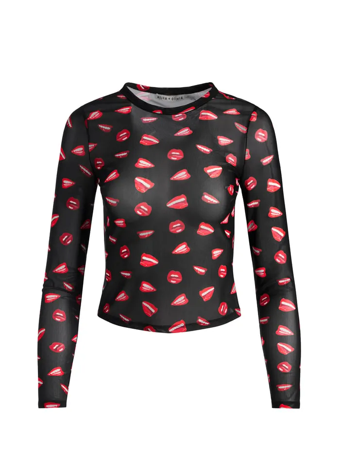 Tops Women Alice Olivia Tom Wesselmann Delaina Mesh Long Sleeve Top Lip Sync Black