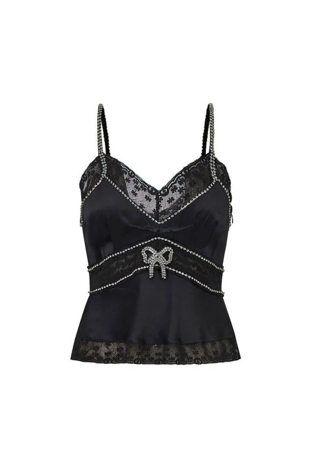 Tops Women LoveShackFancy Laticia Embellished Satin Top Black