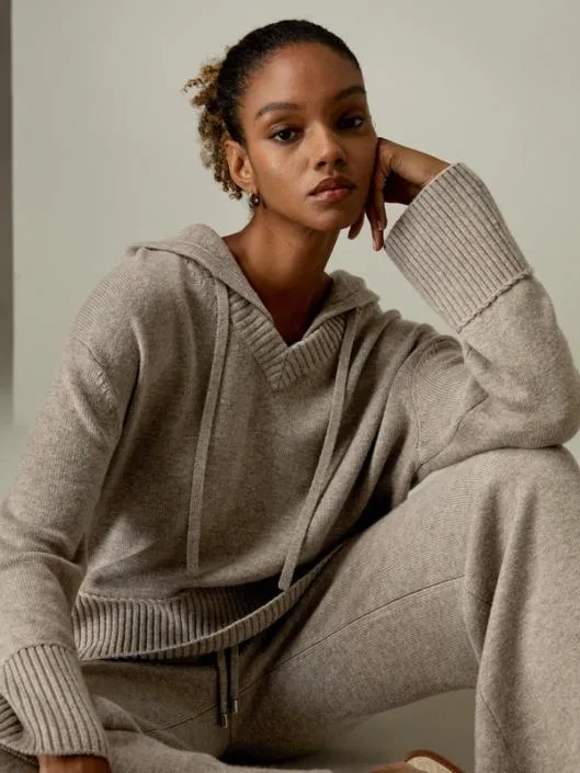V Neck WoolCashmere Blend Hoodie Sweater Women Lilysilk Knitwear