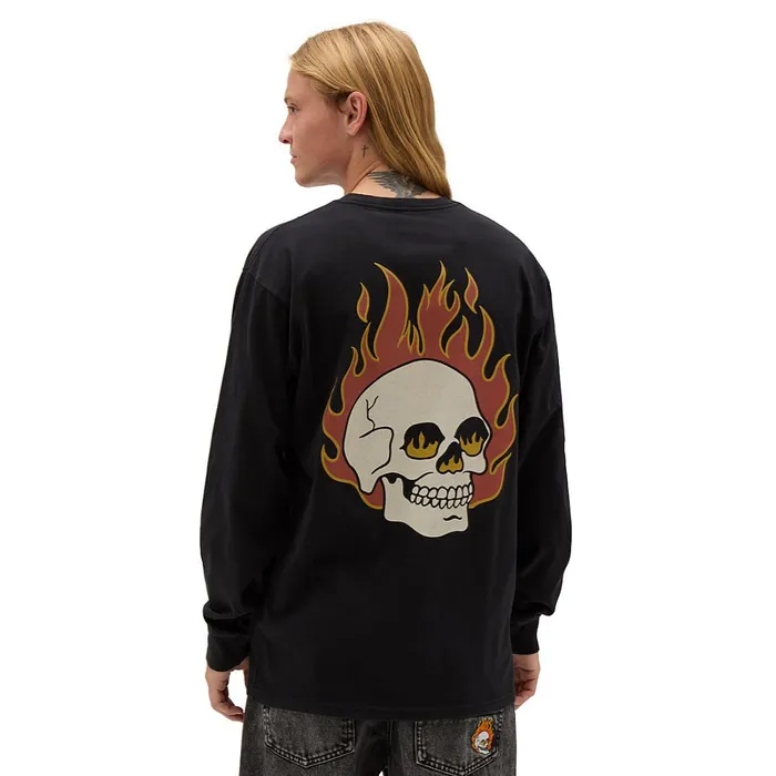Vans Tshirts and Tanks Men Flaming Skulls Washed Long Sleeve TShirt Black