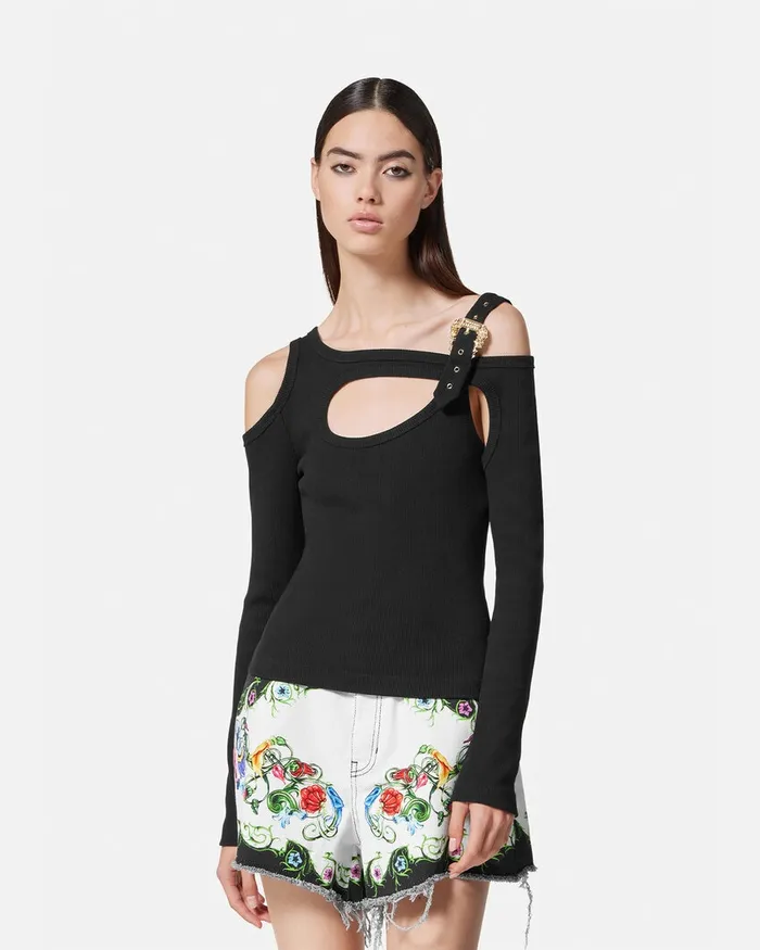 Versace Baroque Buckle Cutout Top Blackprint Women Jeans Couture