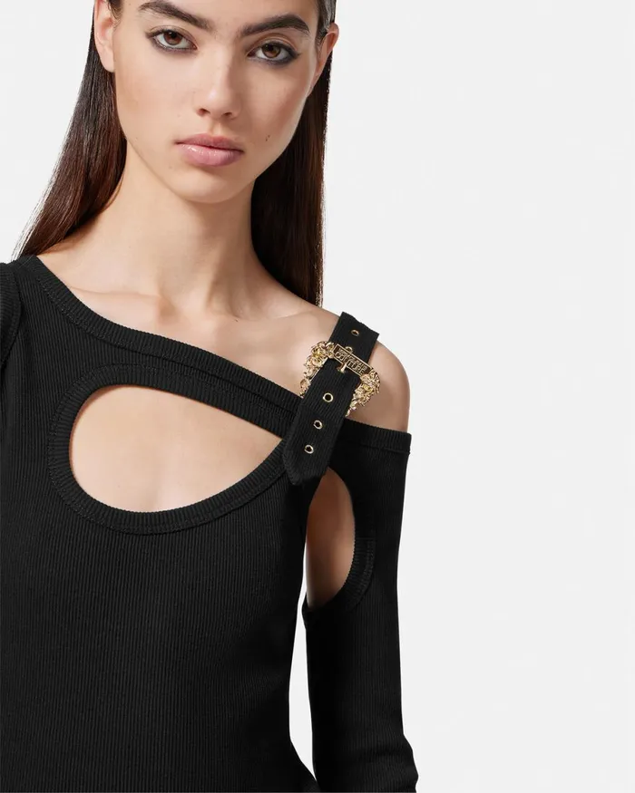 Versace Baroque Buckle Cutout Top Blackprint Women Jeans Couture