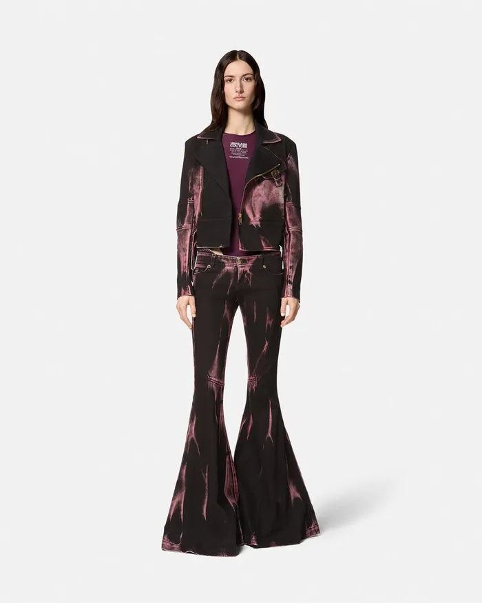 Versace Baroque Buckle Denim Biker Jacket Black Women Jeans Couture