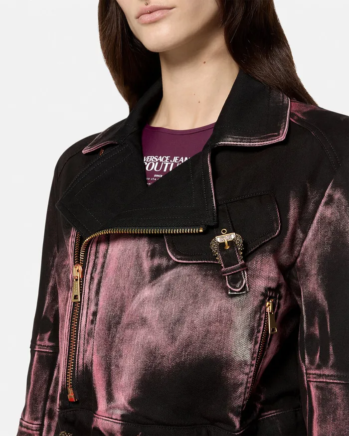 Versace Baroque Buckle Denim Biker Jacket Black Women Jeans Couture