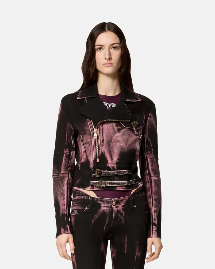 Versace Baroque Buckle Denim Biker Jacket Black Women Jeans Couture