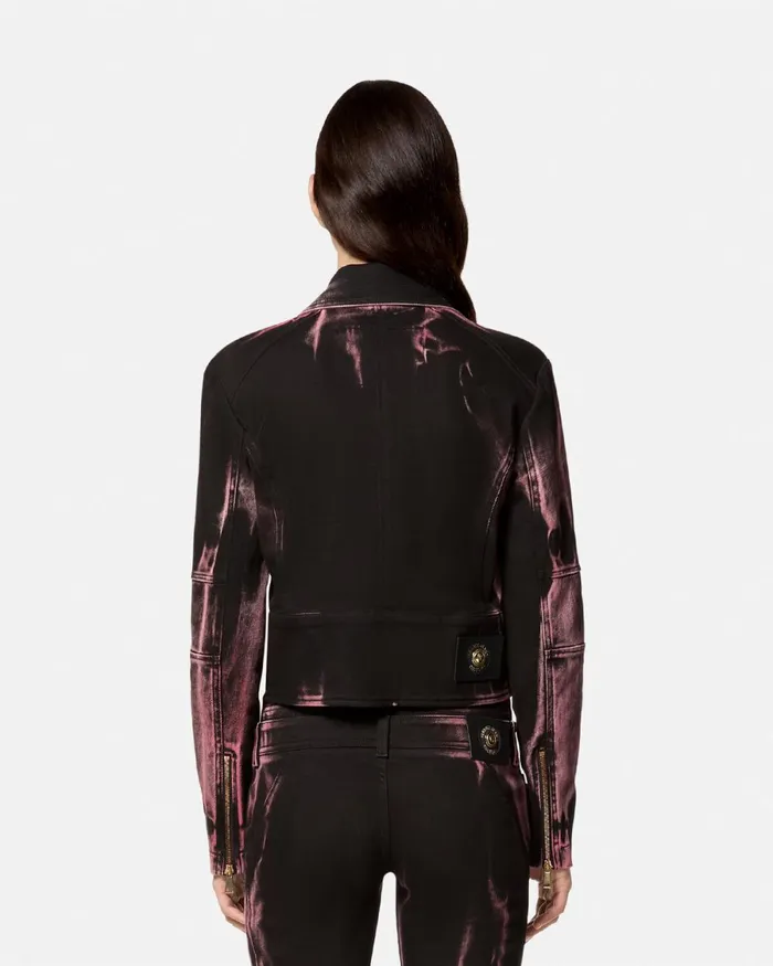 Versace Baroque Buckle Denim Biker Jacket Black Women Jeans Couture