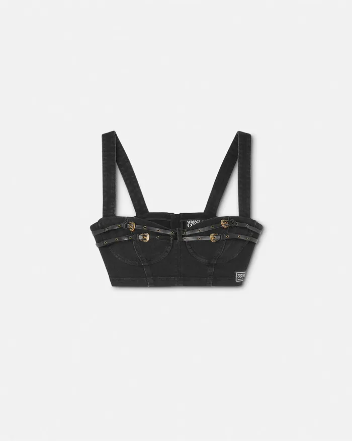 Versace Baroque Buckle Denim Bustier Top Black Women Jeans Couture