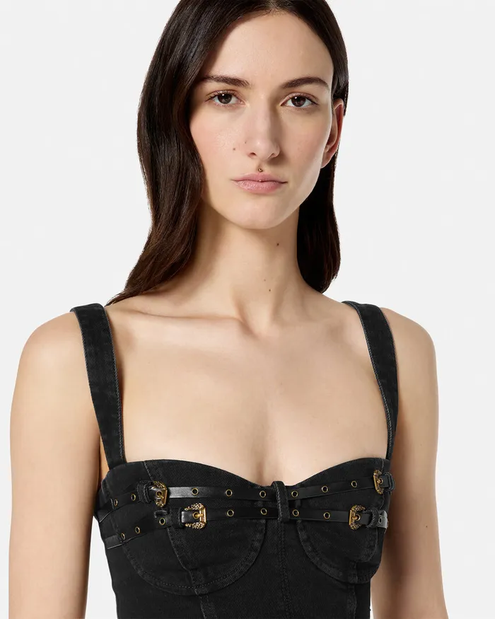 Versace Baroque Buckle Denim Bustier Top Black Women Jeans Couture