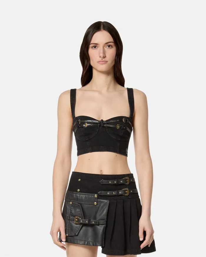 Versace Baroque Buckle Denim Bustier Top Black Women Jeans Couture