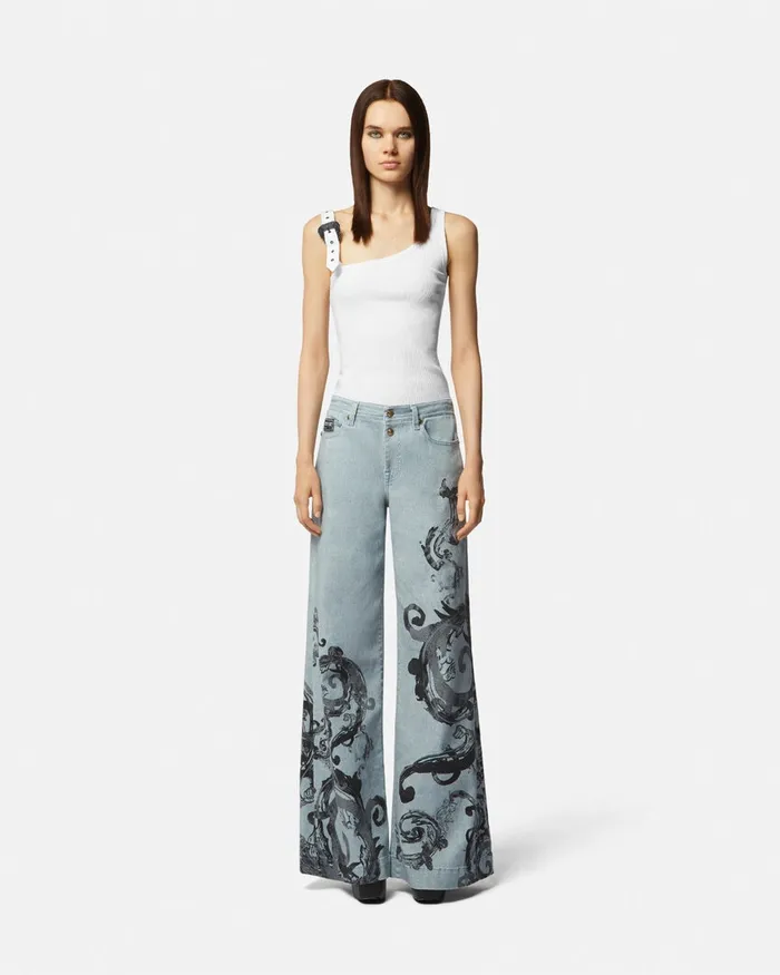 Versace Baroque Buckle Ribbed Tank Top Whiteprint Women Jeans Couture
