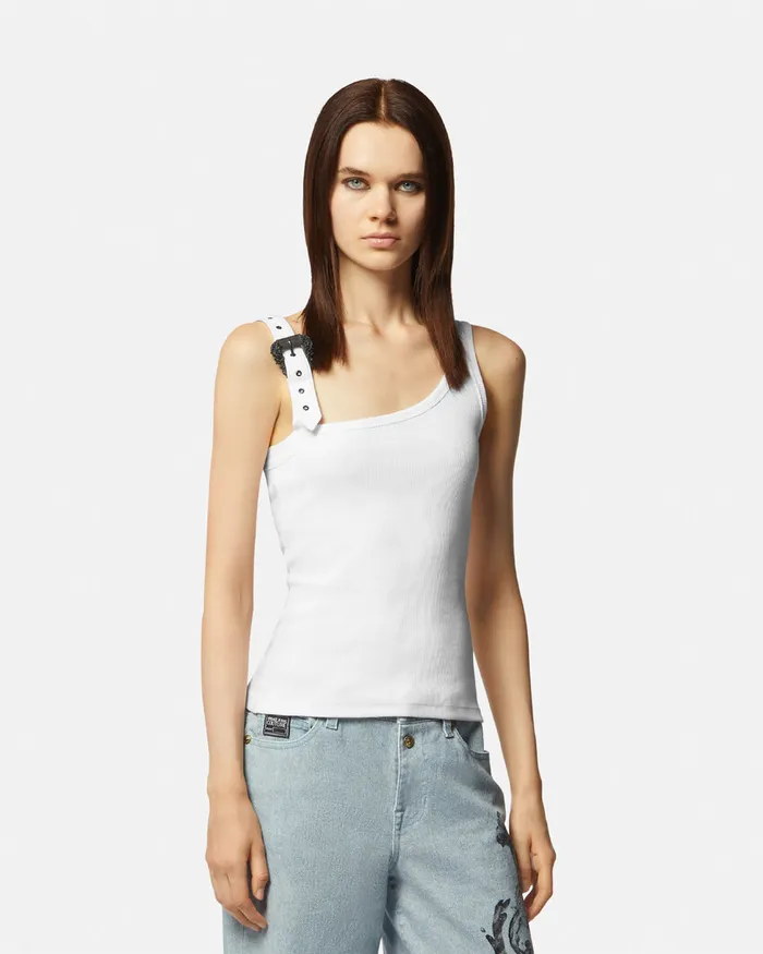 Versace Baroque Buckle Ribbed Tank Top Whiteprint Women Jeans Couture