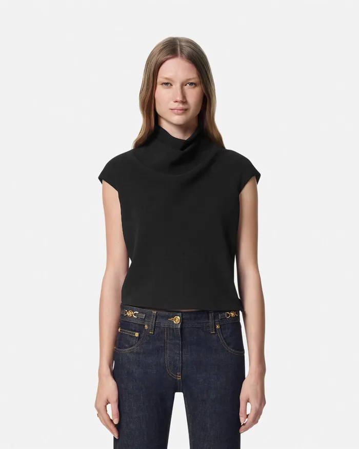 Versace Cady DrapedNeck Top Black Women Shirts and Tops