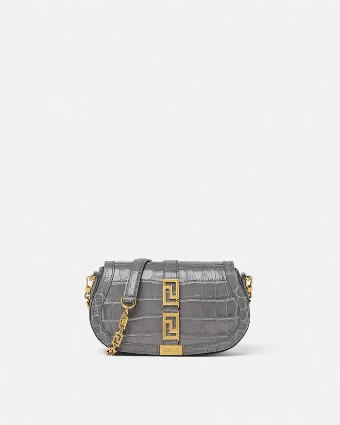 Versace CrocEffect Greca Goddess Shoulder Bag Gray Women Greca Goddess
