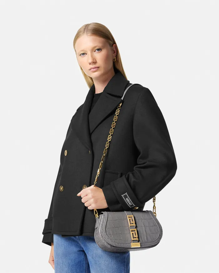 Versace CrocEffect Greca Goddess Shoulder Bag Gray Women Greca Goddess