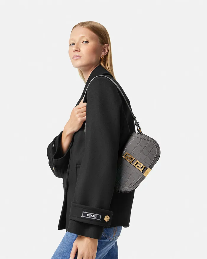 Versace CrocEffect Greca Goddess Shoulder Bag Gray Women Greca Goddess