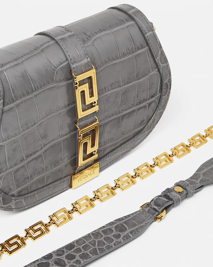 Versace CrocEffect Greca Goddess Shoulder Bag Gray Women Greca Goddess