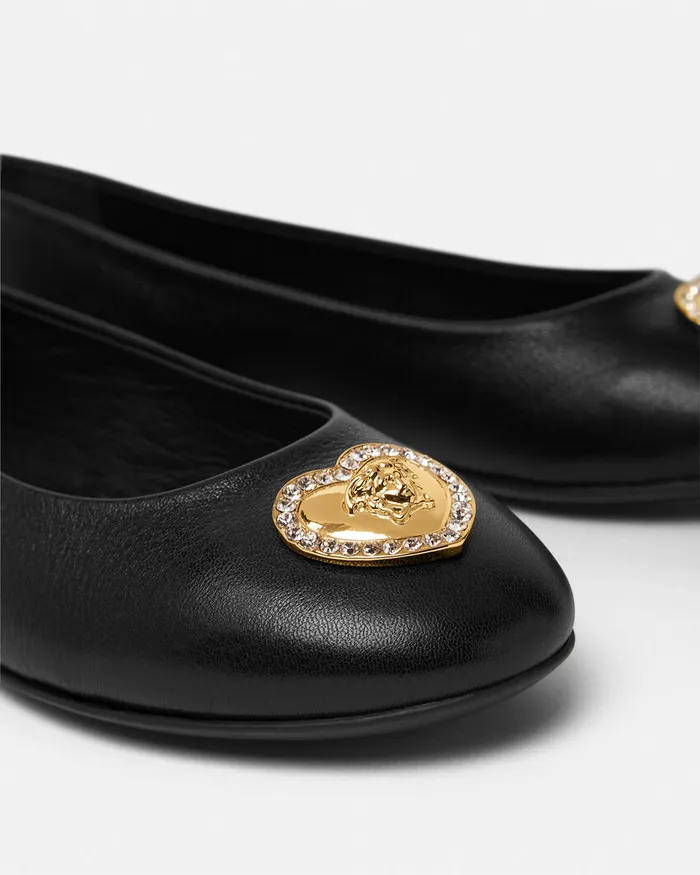 Versace Crystal Heart Medusa Ballerinas Blackgold Kids Shoes