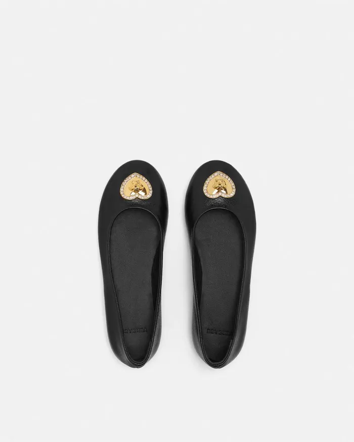 Versace Crystal Heart Medusa Ballerinas Blackgold Kids Shoes