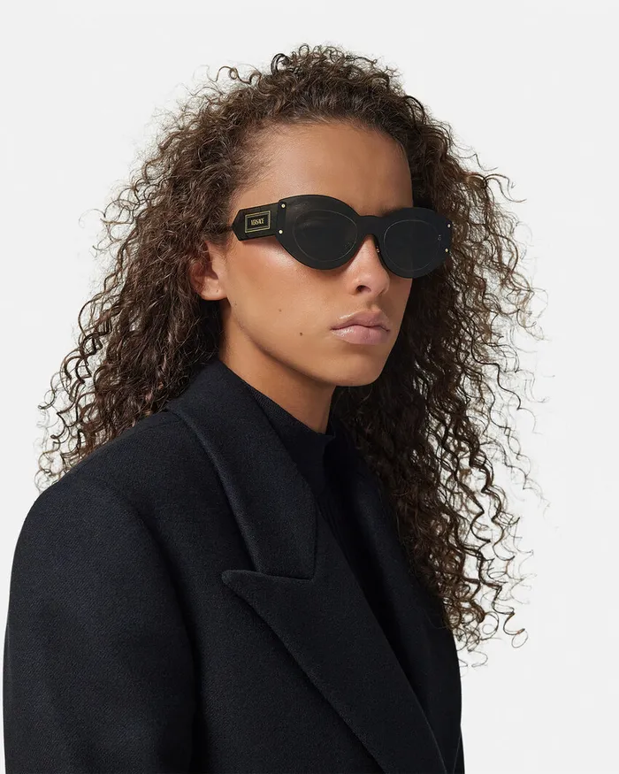 Versace Damier Plaque Shield Sunglasses Blackgold Women Sunglasses