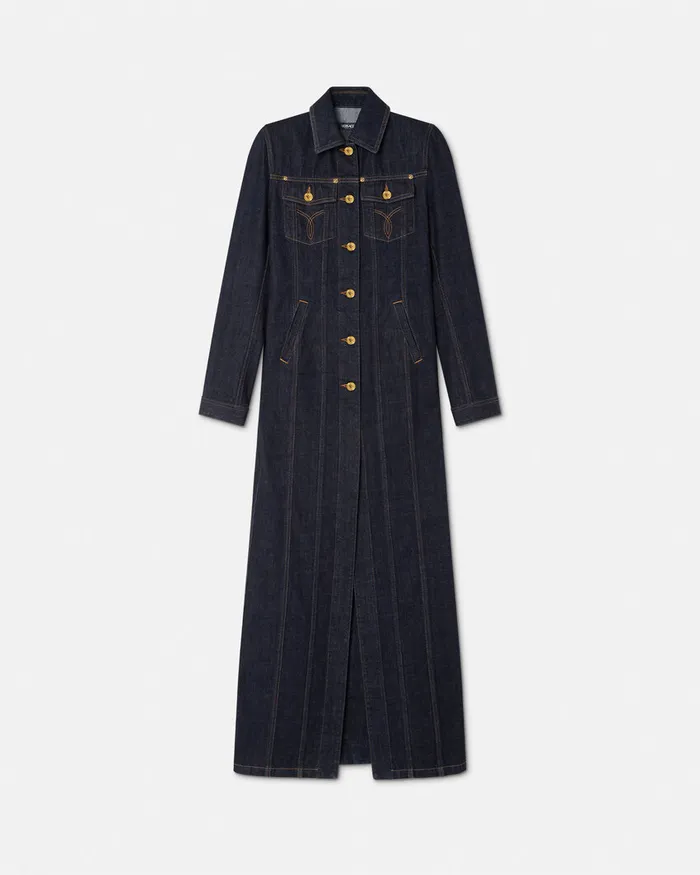 Versace Denim Long Coat Blue Women Outerwear and Coats