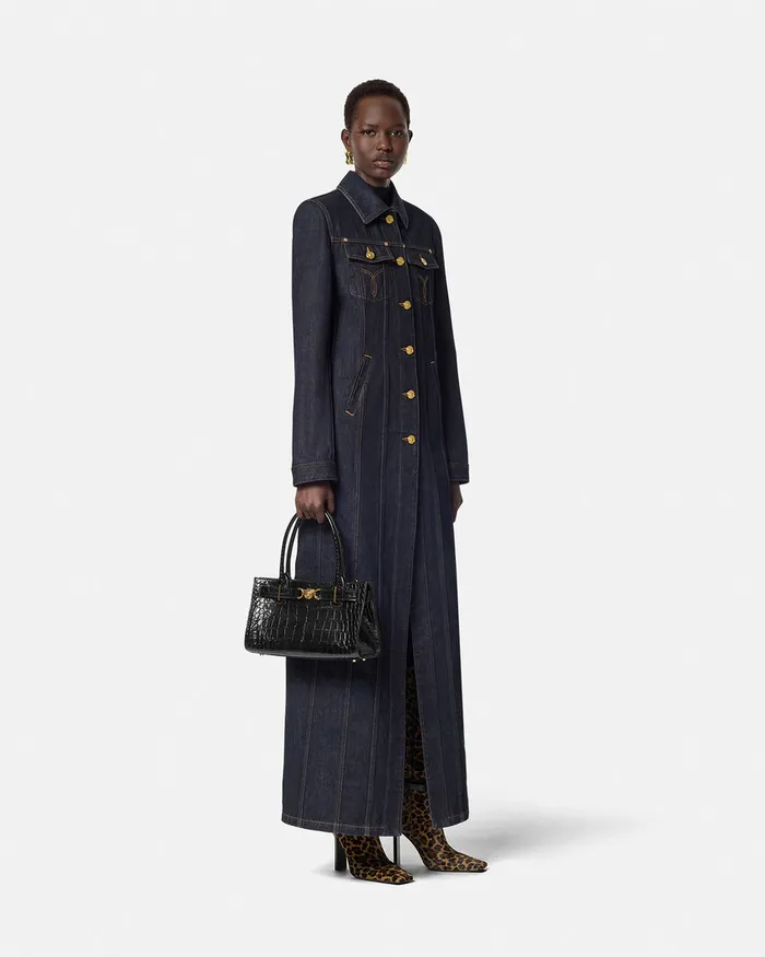 Versace Denim Long Coat Blue Women Outerwear and Coats