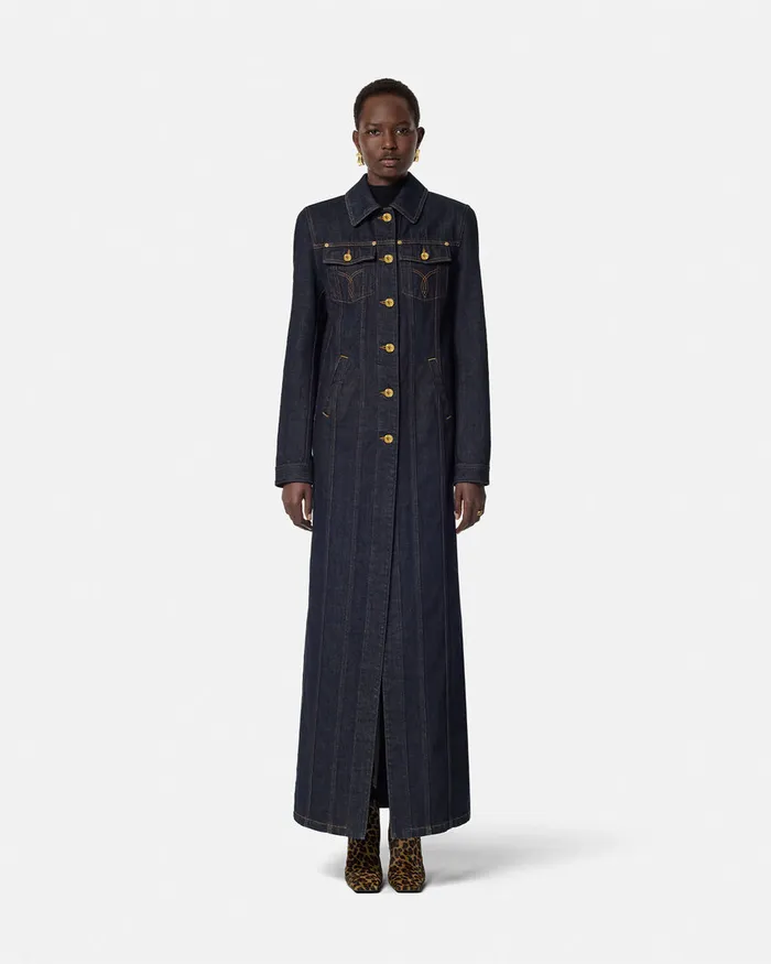 Versace Denim Long Coat Blue Women Outerwear and Coats