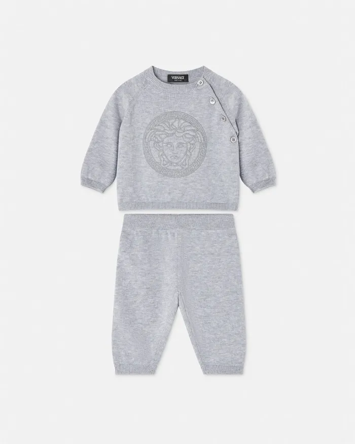 Versace Embroidered Medusa Baby Knit Set Gray Kids Gift Sets