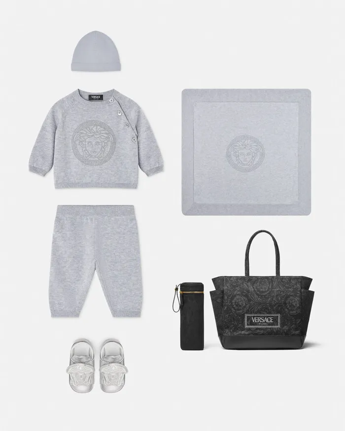 Versace Embroidered Medusa Baby Knit Set Gray Kids Gift Sets