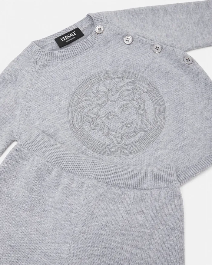 Versace Embroidered Medusa Baby Knit Set Gray Kids Gift Sets
