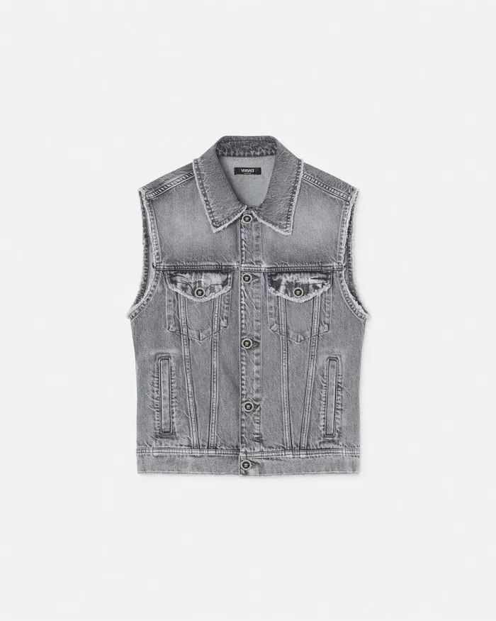 Versace Frayed Denim Vest Gray Men Denim