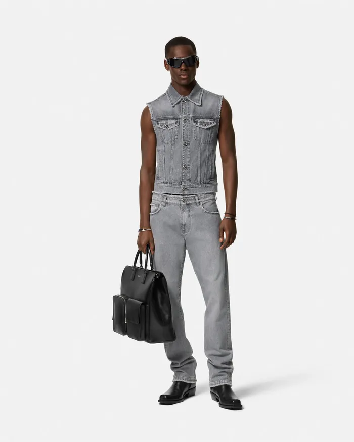 Versace Frayed Denim Vest Gray Men Denim