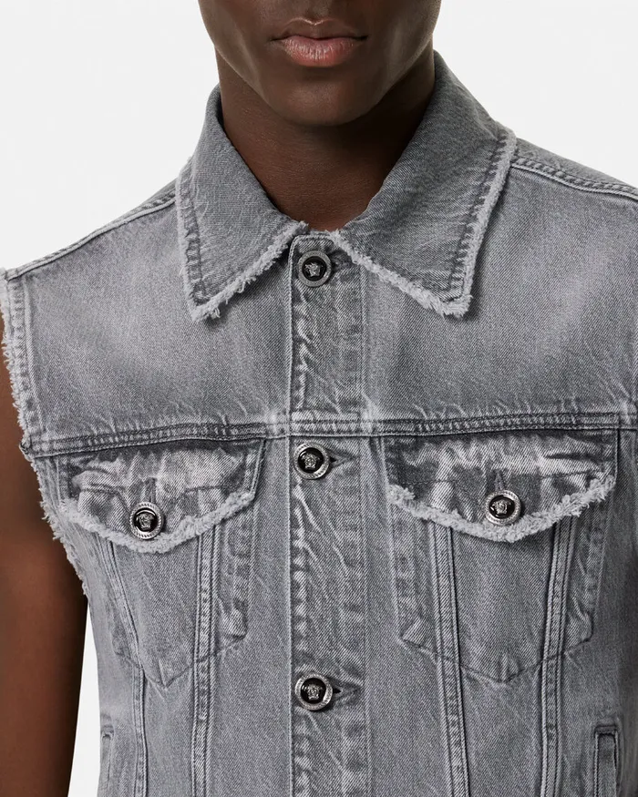 Versace Frayed Denim Vest Gray Men Denim