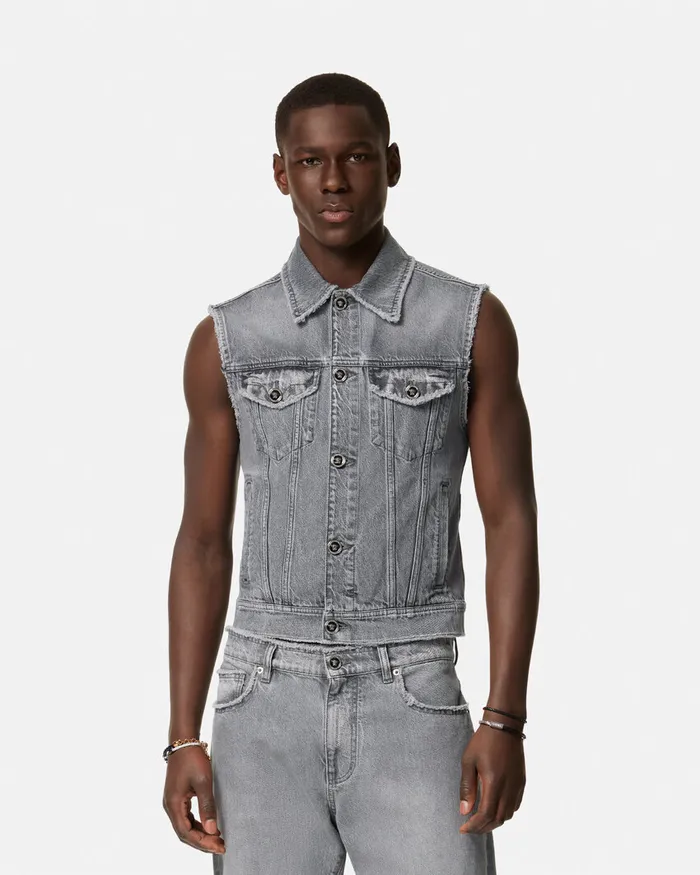 Versace Frayed Denim Vest Gray Men Denim
