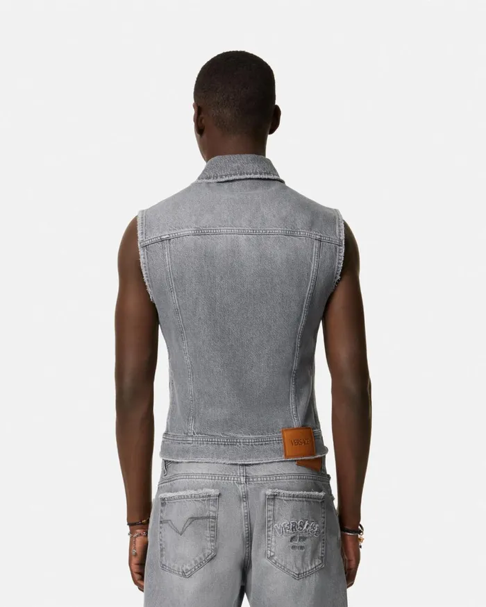 Versace Frayed Denim Vest Gray Men Denim