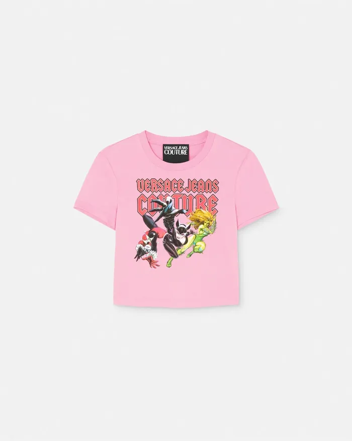 Versace Gotham City Sirens Crop TShirt Pink Women Jeans Couture