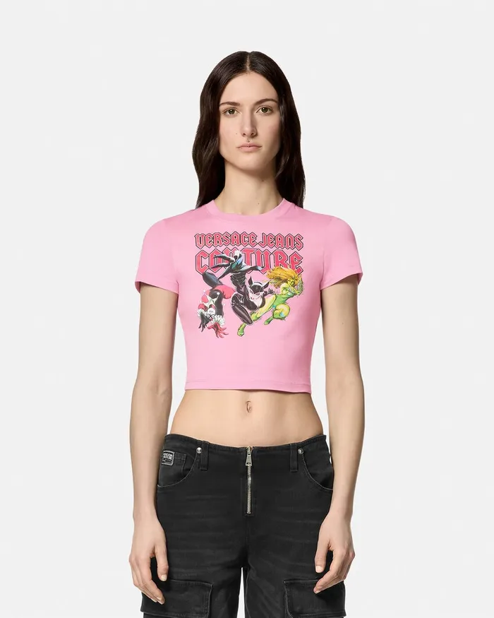 Versace Gotham City Sirens Crop TShirt Pink Women Jeans Couture