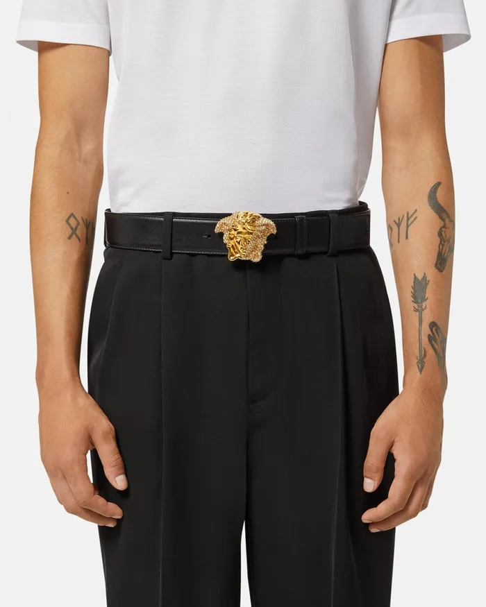 Versace La Medusa Crystal Leather Belt 4 Cm Black Men Belts