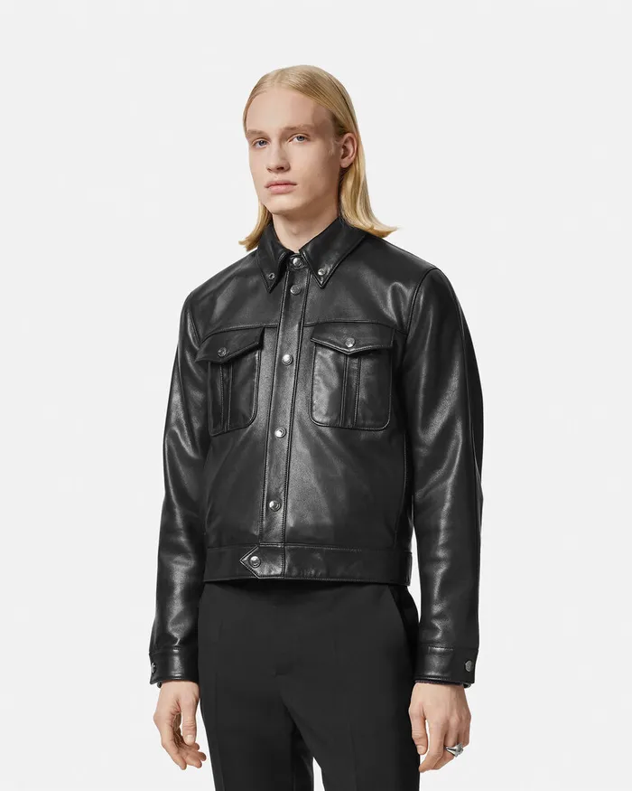 Versace Leather Blouson Jacket Black Men Jackets and Coats